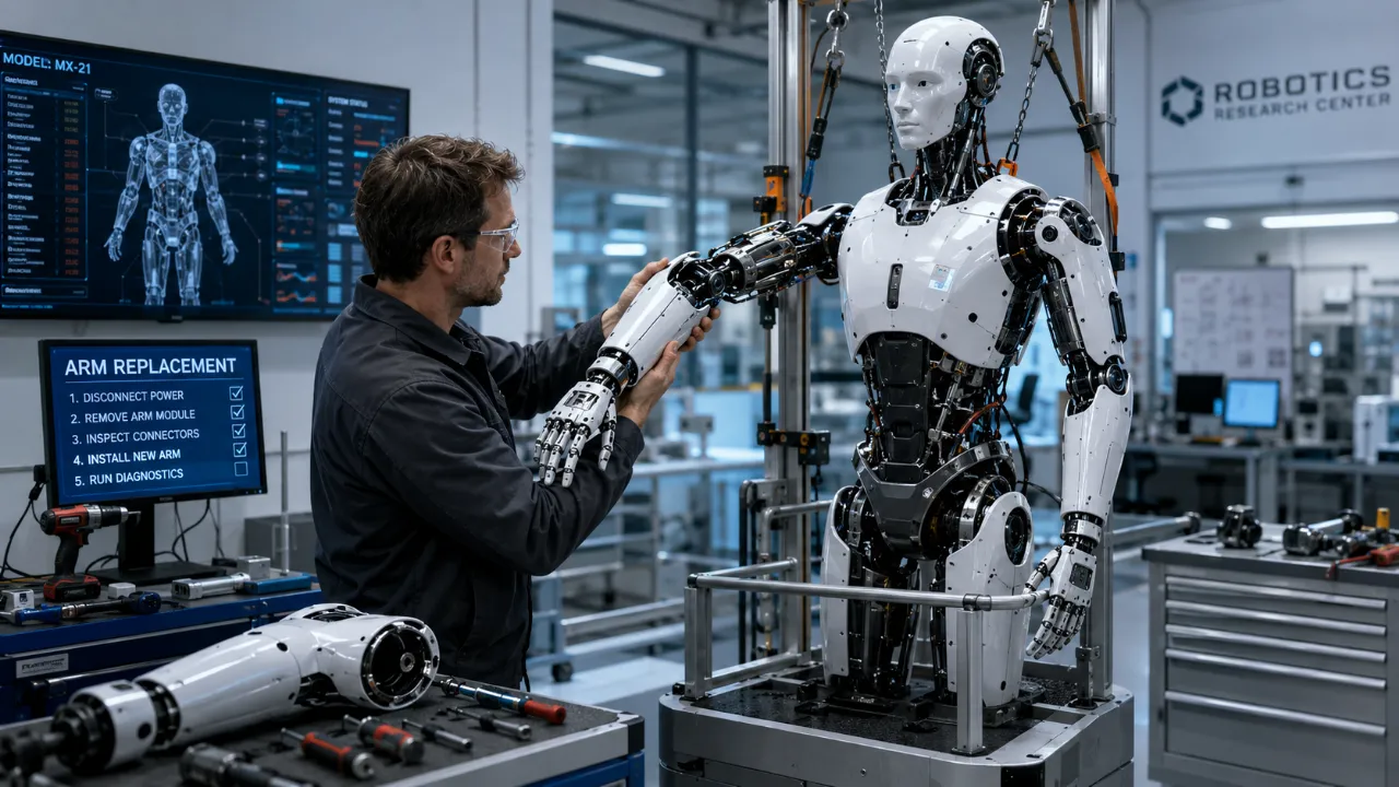 研究センターでロボットの腕を交換する技術者