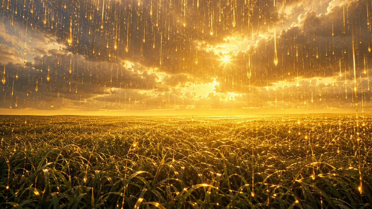 広い草原に純金の雨が降る風景