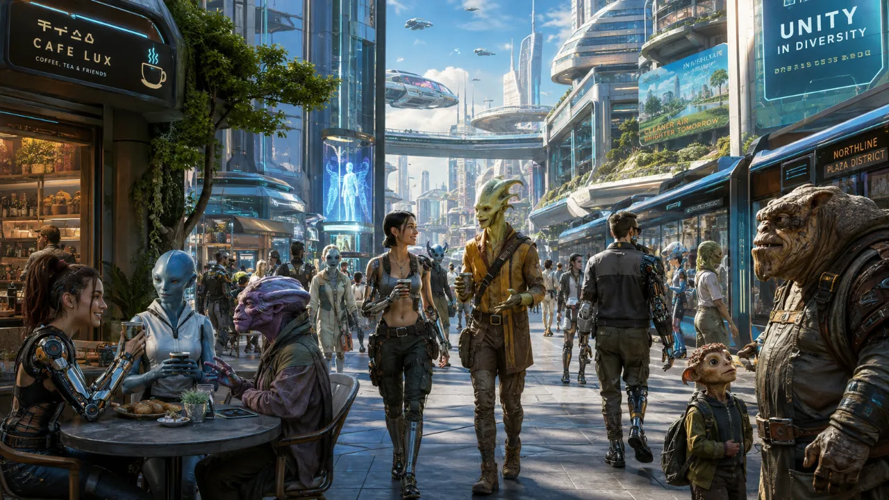人間と半人半機械と異星人が共生する未来都市